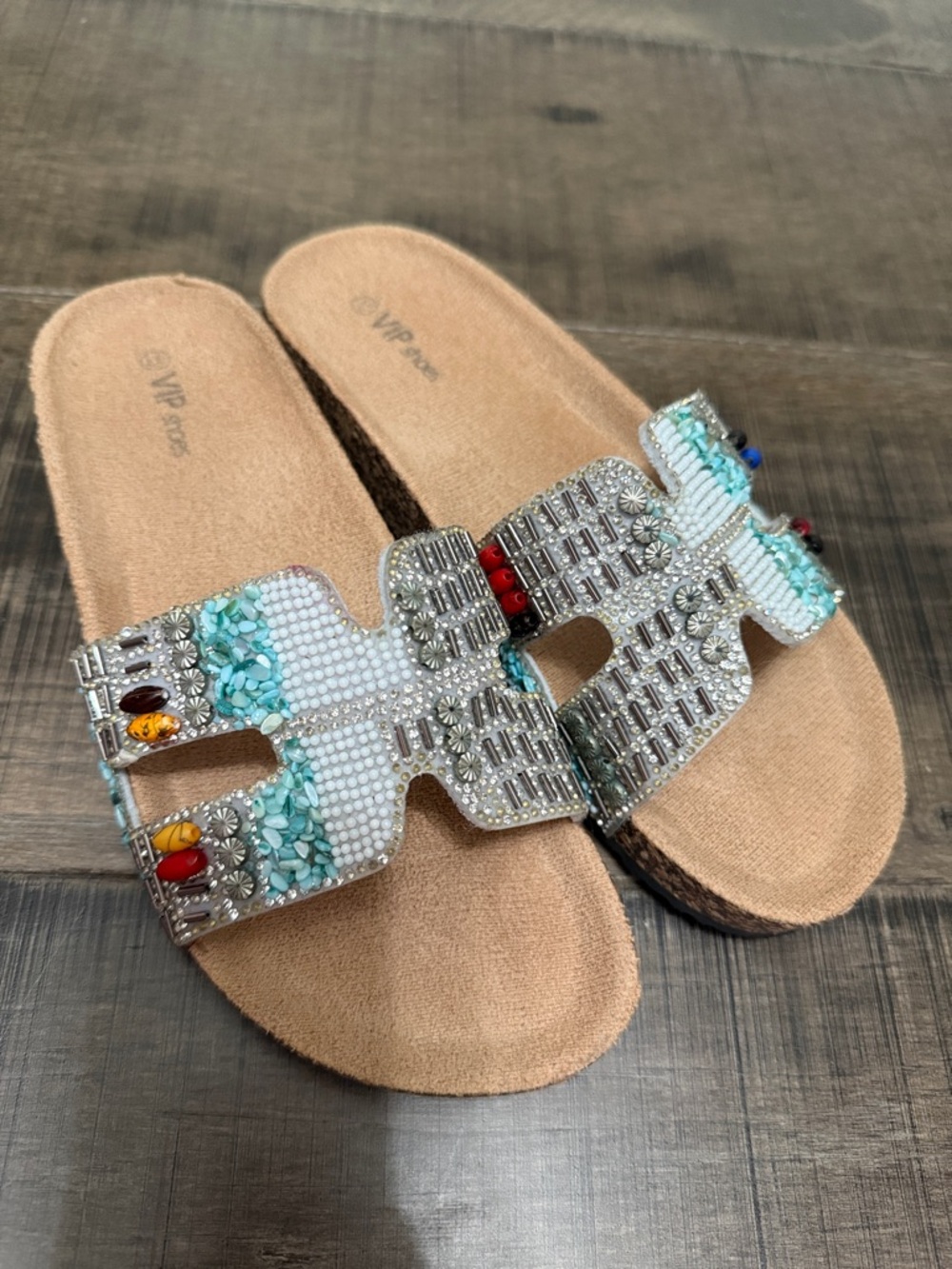 Beaded Embellished Tan Slide Mules with Multicolor Accents size 7